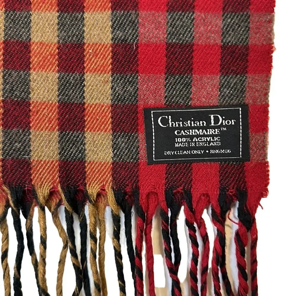Christian Dior Scarf Plaid Red Beige Gorgeous Tassel Christmas